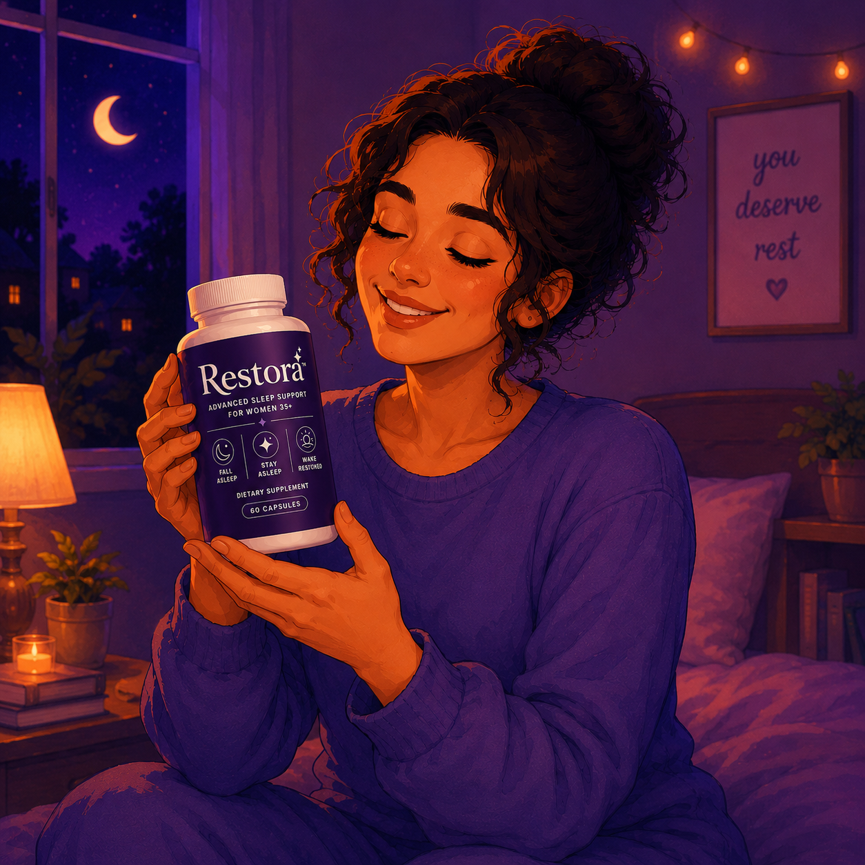 Woman resting peacefully with a warm drink — finally sleeping well